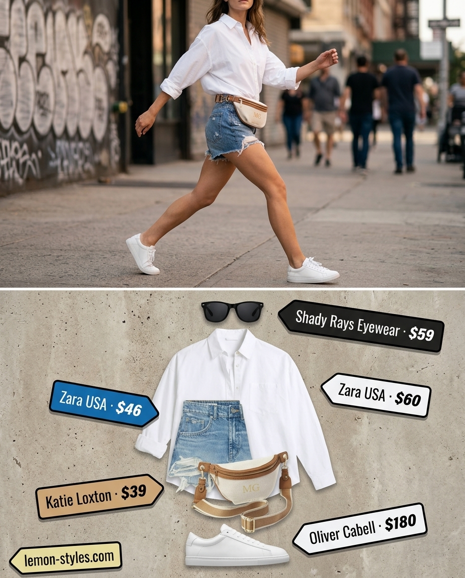 LA summer outfits for women 2026: Denim shorts, oversized white shirt, canvas belt bag, and white sneakers for Melrose Avenue shopping.