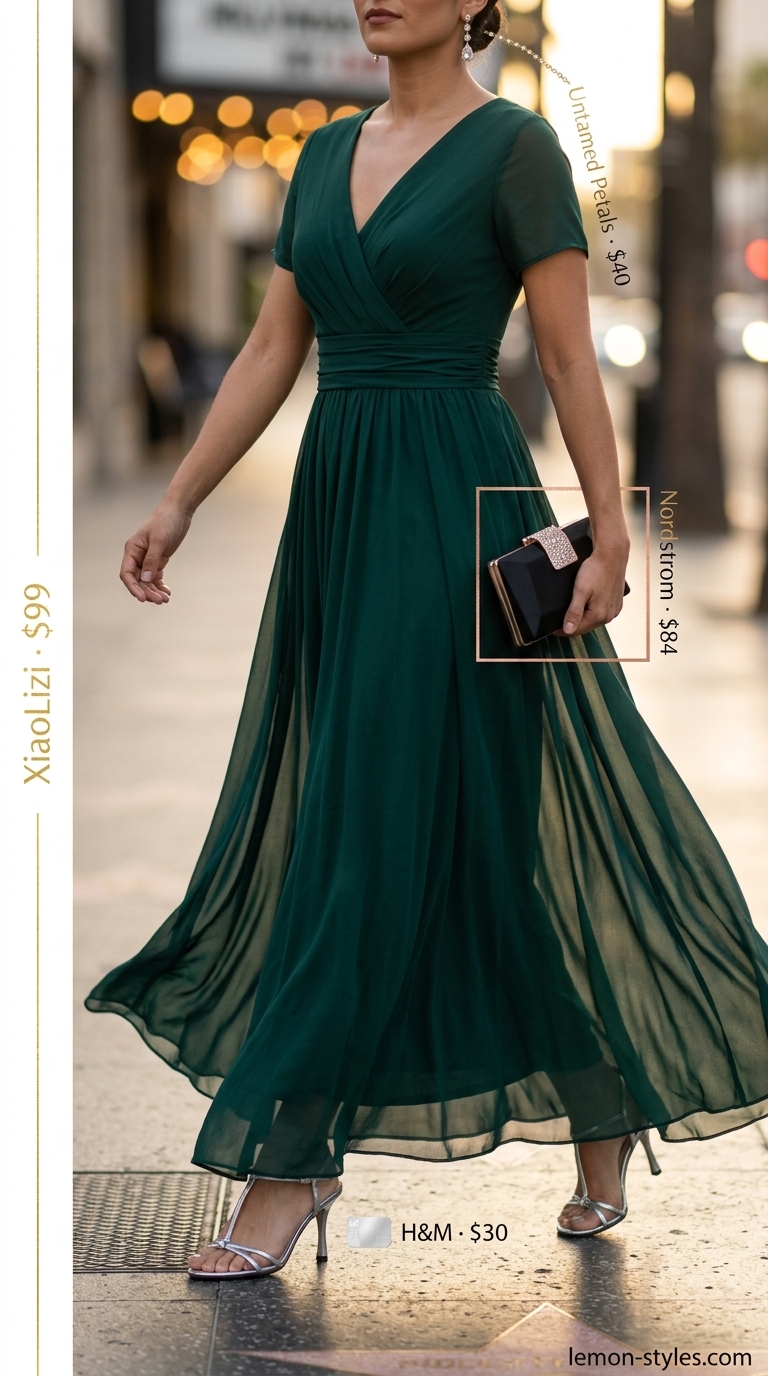 LA summer outfits for women 2026: Emerald green maxi dress, silver heels, and crystal earrings for an evening event.