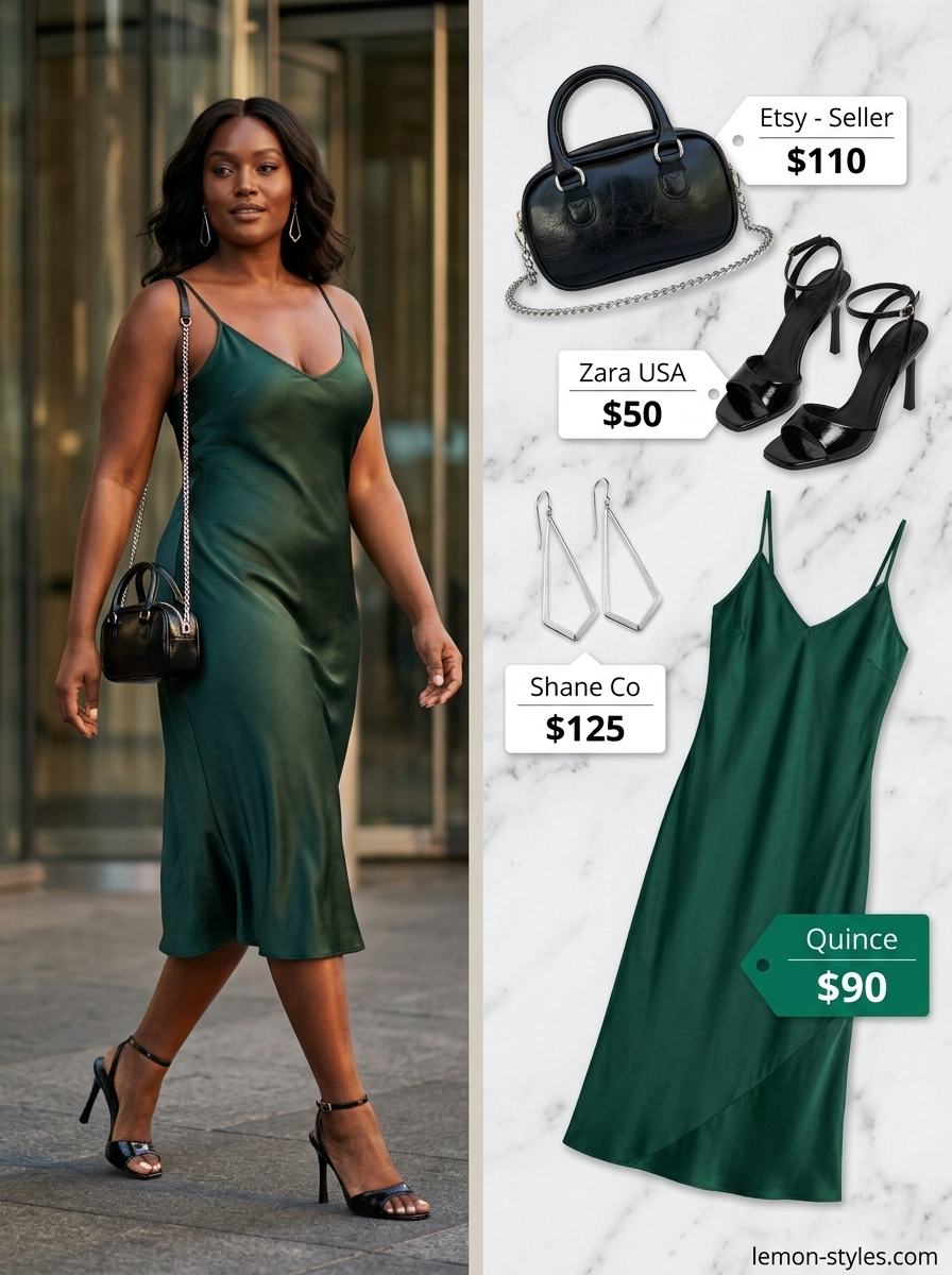 LA summer outfits for women 2026: Emerald green slip dress, black heels, silver earrings, and shoulder bag for downtown evening.