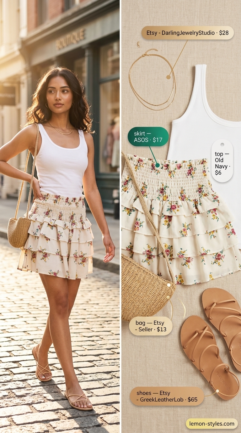 LA summer outfits for women 2026: Floral mini skirt, white tank, straw crossbody, gold necklace, and leather sandals for Malibu beach club.