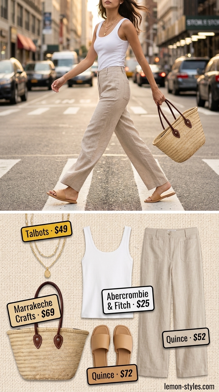 LA summer outfits for women 2026: Linen pants, ribbed tank, straw tote, and gold necklaces for coastal drive.