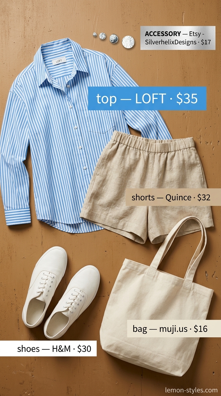 LA summer outfits for women 2026: Linen shorts, striped shirt, canvas sneakers, and tote bag for Arts District errands.