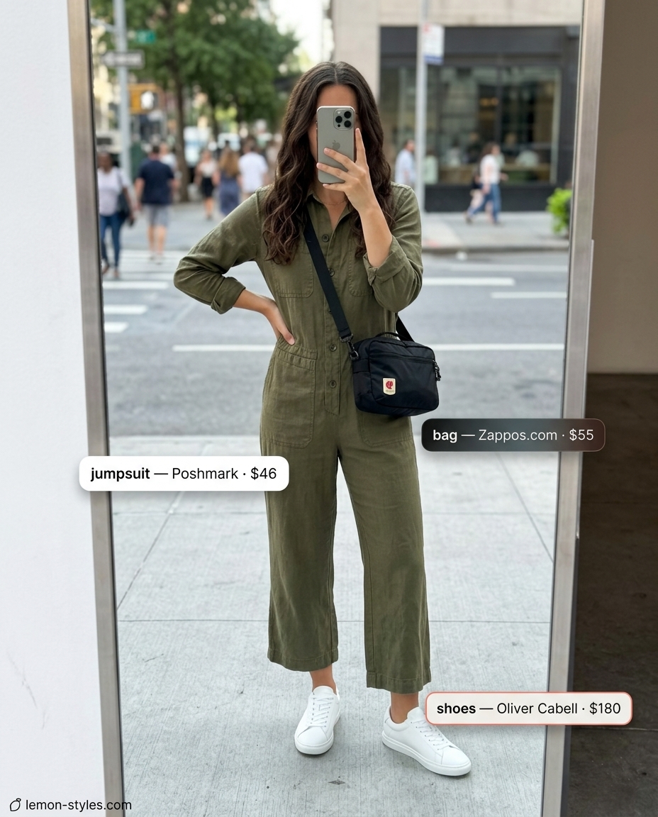 LA summer outfits for women 2026: Olive utility jumpsuit, white sneakers, black cap, and crossbody bag for studio city.