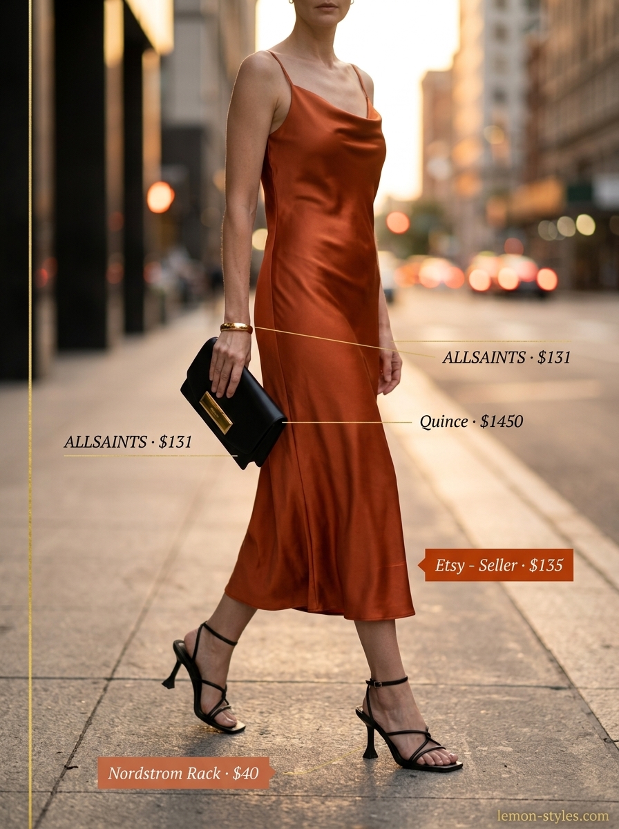 LA summer outfits for women 2026: Sunset orange slip dress, black heels, clutch, and gold cuff for downtown evening.