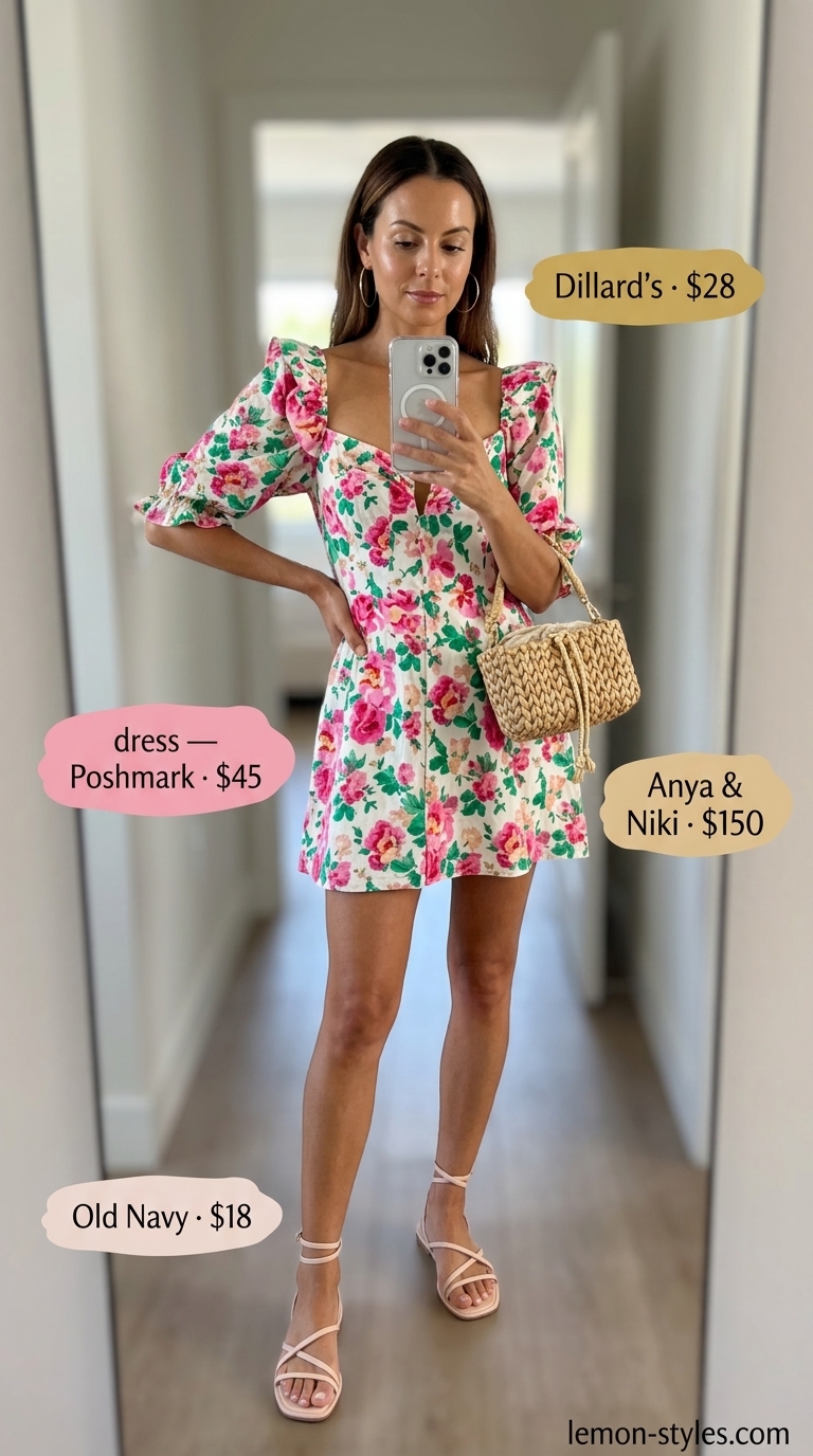 LA summer outfits for women 2026: Pink floral mini dress, straw tote, gold hoops, and flat sandals for a rooftop sundowner.