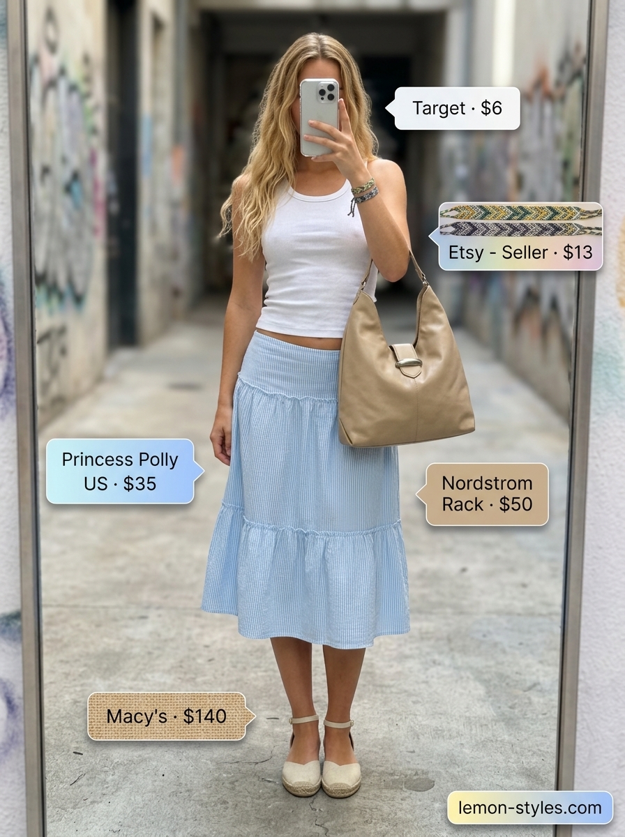 LA summer outfits for women 2026: Striped midi skirt, white tank, espadrilles, and hobo bag for Echo Park art gallery visit.