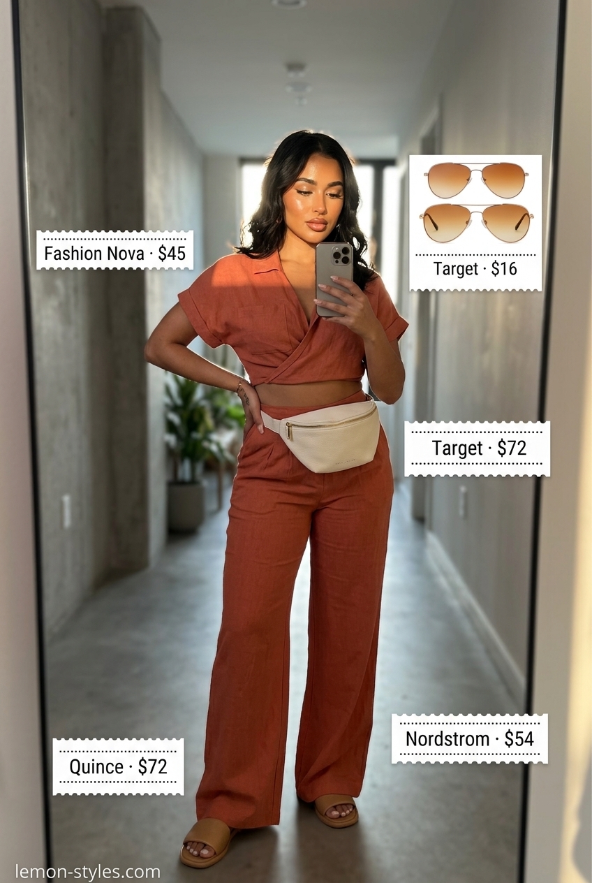 LA summer outfits for women 2026: Terracotta linen set, belt bag, and leather slides for Griffith Observatory sightseeing.