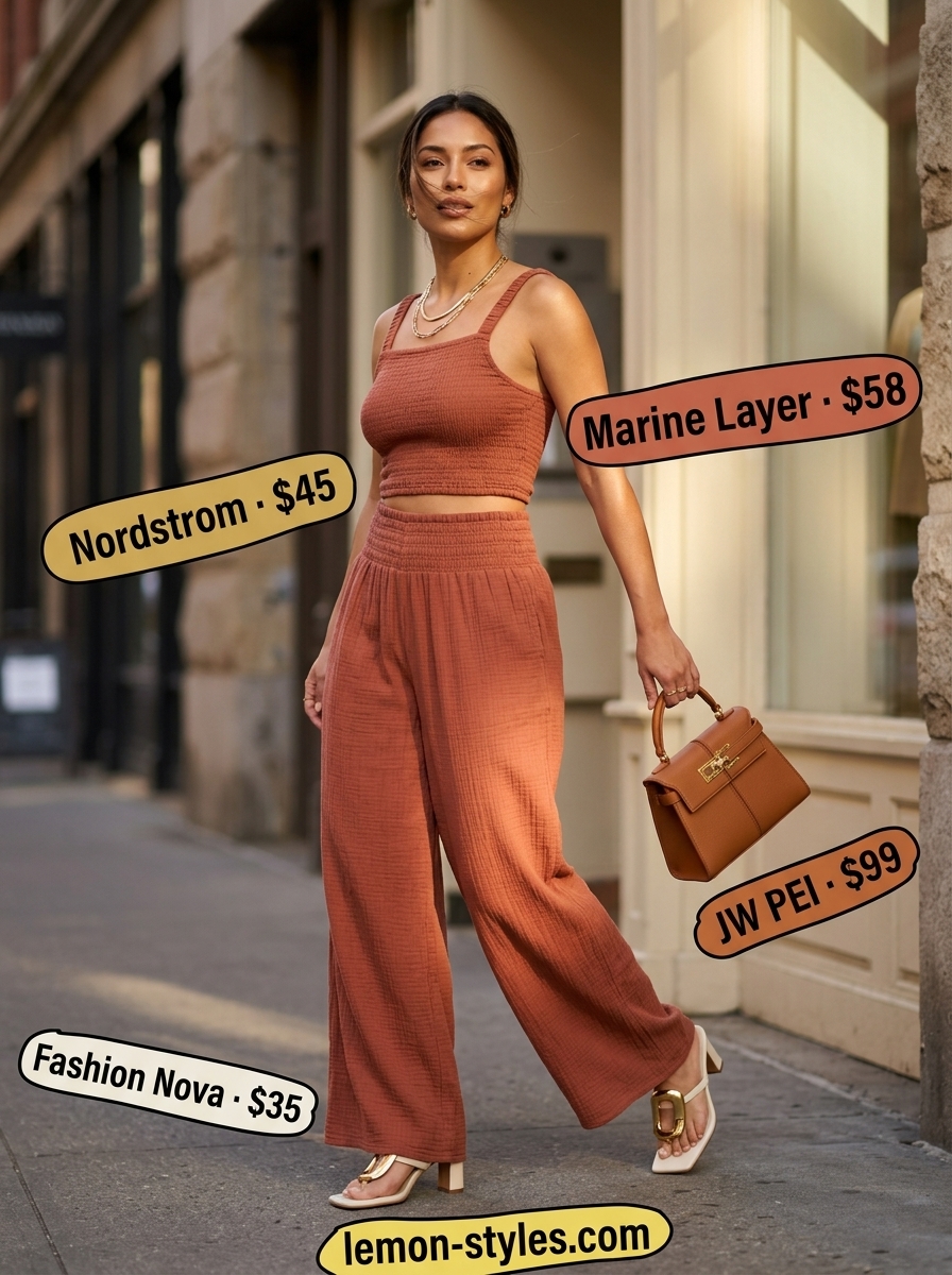 LA summer outfits for women 2026: Terracotta palazzo pants set, cream mules, and layered gold necklaces for a trendy day out.
