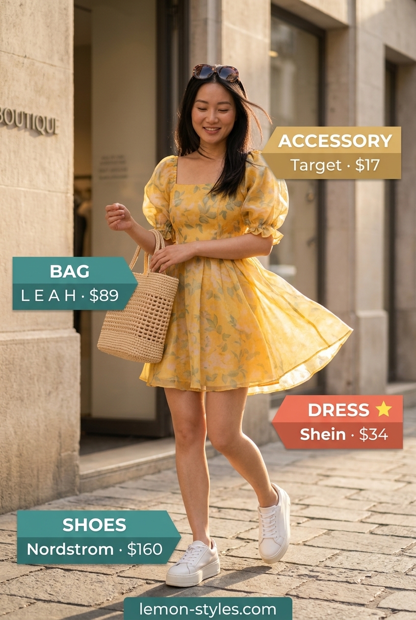 LA summer outfits for women 2026: Yellow mini sundress, white sneakers, straw tote, and sunglasses for beach lunch.
