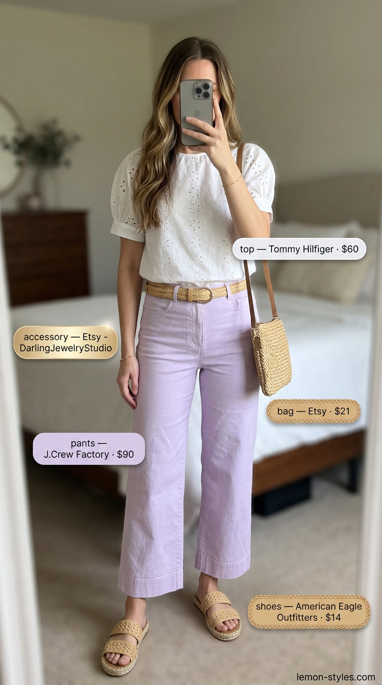 Lavender cropped wide-leg pants with an eyelet top and espadrilles for a sweet summer look.