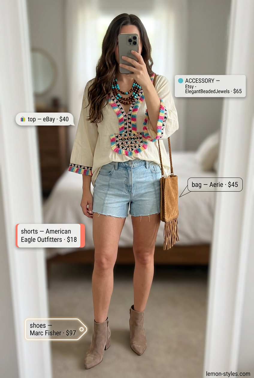 Boho Festival Outfit: Denim Shorts 2026 Boho festival outfit featuring light wash summer denim shorts for women 2026, a flowy embroidered tunic, and suede ankle boots.