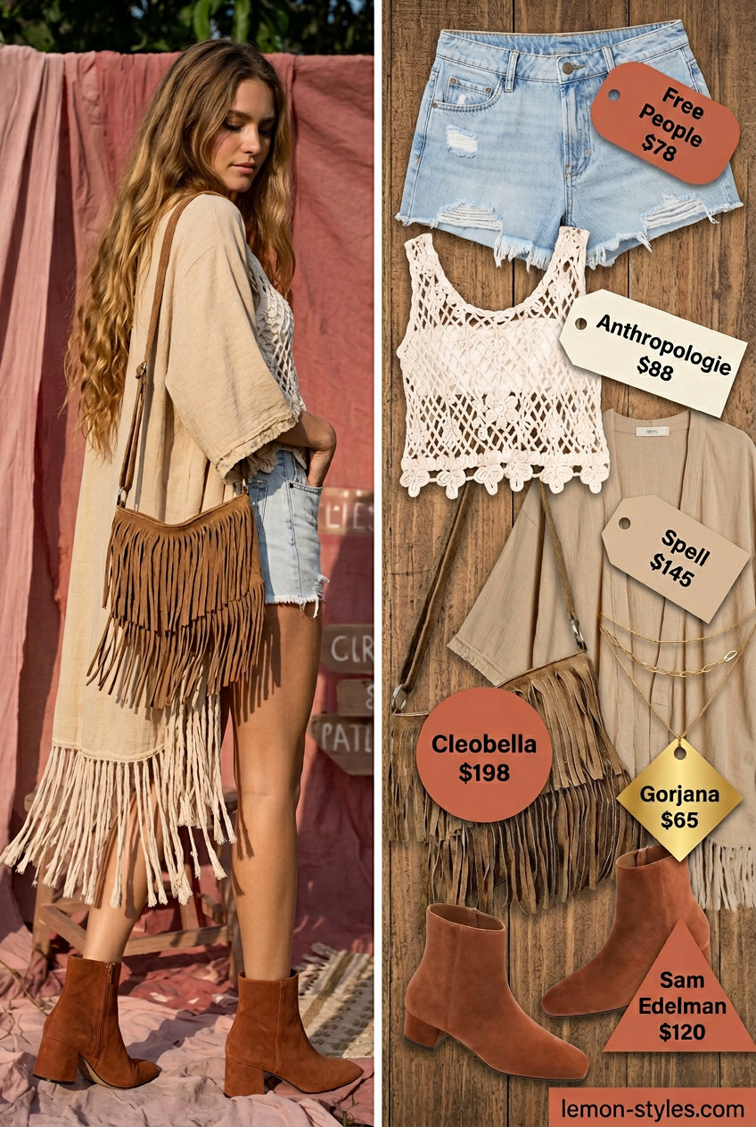 Boho Festival Shorts Outfit 2026 Boho light wash denim shorts for women 2026 with a crochet top, fringed kimono, and suede boots for a festival look.