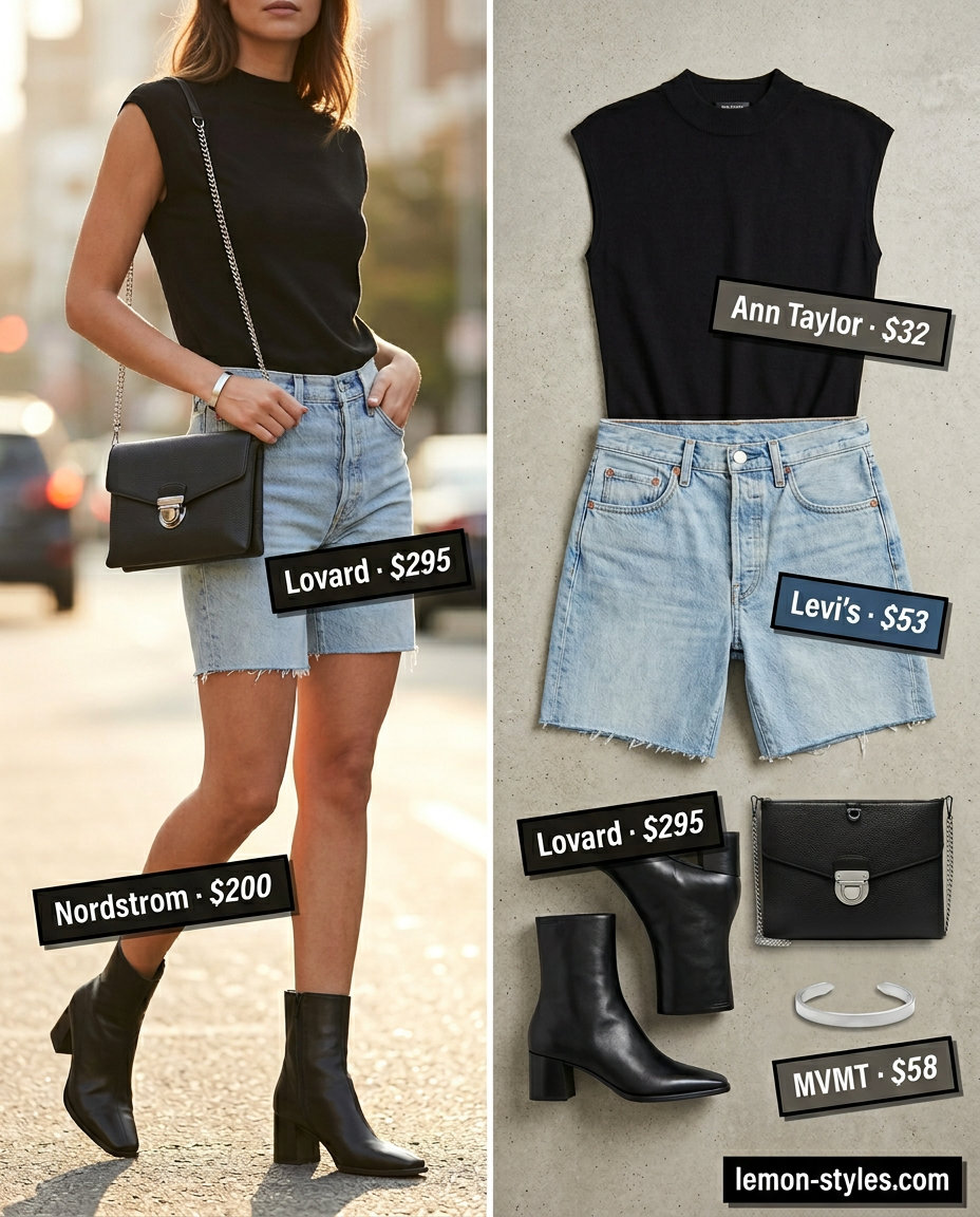 City Explorer Outfits 2026 Light wash summer denim shorts for women 2026 styled with a black mock neck top, leather boots, and ankle boots for city exploring.