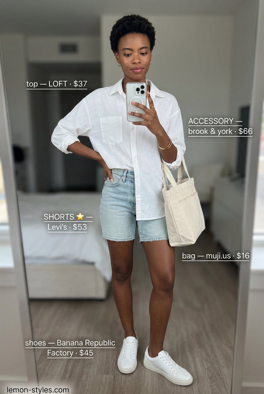 Classic Light Wash Shorts Outfit 2026 Light wash summer denim shorts for women 2026 styled with an oversized white linen shirt and sneakers for a classic look.