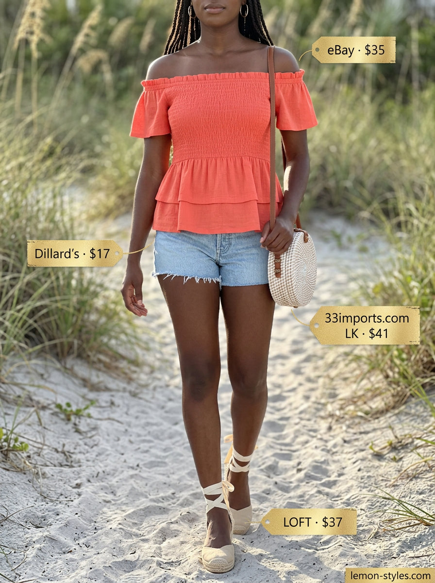Coastal Breeze: Denim Shorts 2026 Coastal breeze outfit featuring light wash summer denim shorts for women 2026, a coral off-the-shoulder top, and espadrille wedges.