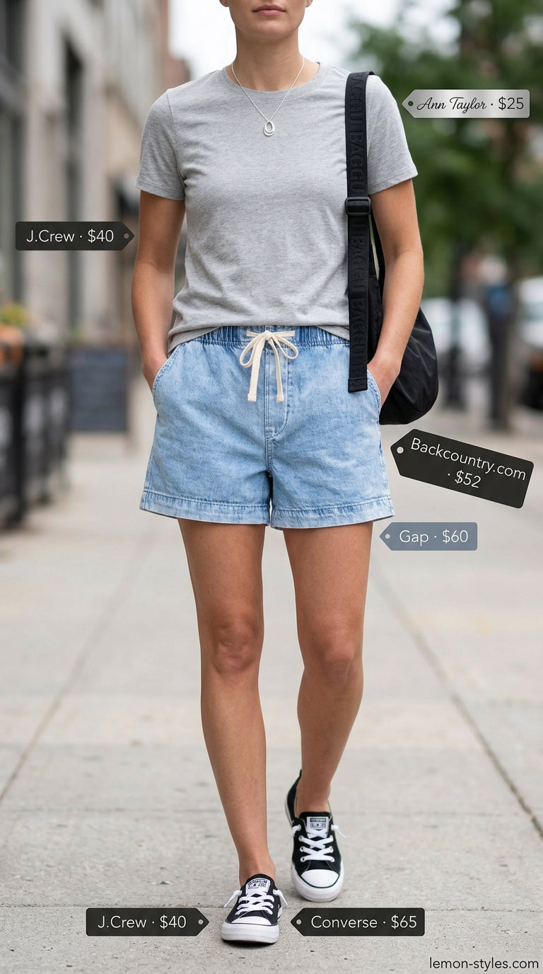 Casual Coffee Run Outfits 2026 Light wash summer denim shorts for women 2026 styled with a grey tee, black crossbody, and sneakers for a casual coffee run.