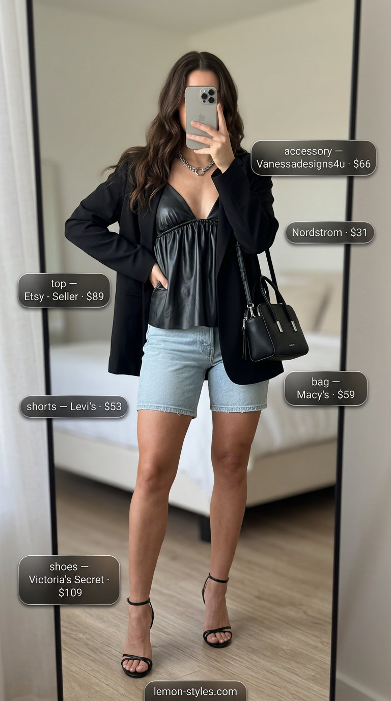 Edgy Night Out Shorts 2026 Edgy light wash denim shorts for women 2026 with a black faux leather cami, blazer, and silver accessories for a night out.