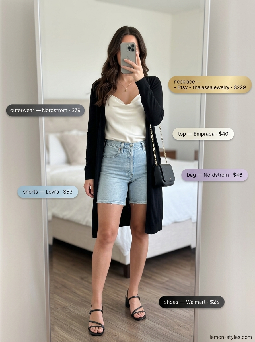 Summer Evening Elegance: Denim Shorts 2026 Summer evening elegance outfit with light wash denim shorts for women 2026, satin camisole, and open-knit cardigan.