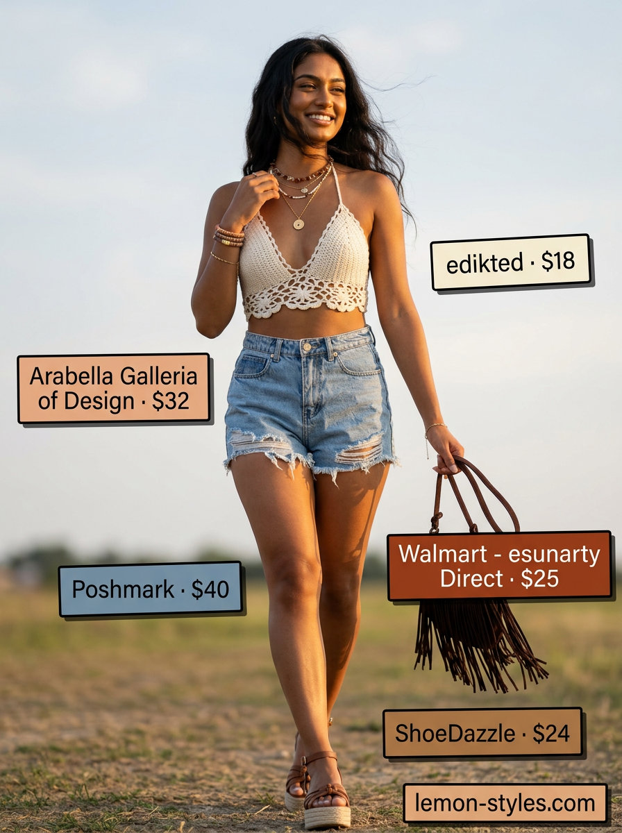 Festival Fun Outfits 2026 Light wash summer denim shorts for women 2026 with a crochet halter top, fringe bag, and platform espadrilles for a festival.