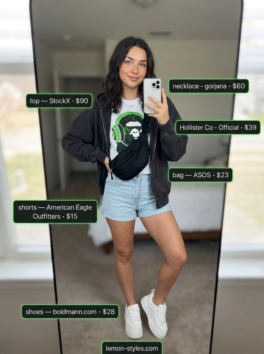 Gamer Girl Casual Outfits 2026 Light wash summer denim shorts for women 2026 with a graphic tee, oversized hoodie, and chunky sneakers for gamer casual.