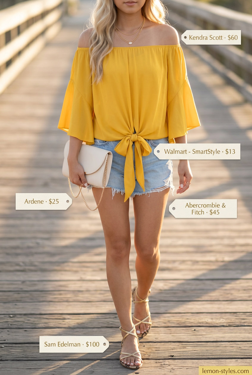 Golden Hour Glow Outfits 2026 Light wash summer denim shorts for women 2026 with a golden off-the-shoulder top, layered necklaces, and gold sandals for golden hour.