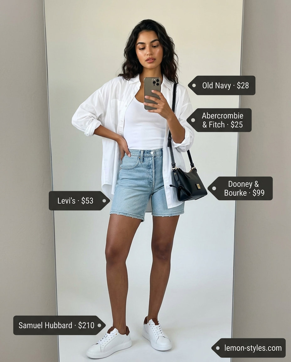 Modern Minimalist: Denim Shorts 2026 Modern minimalist outfit with light wash denim shorts for women 2026, an oversized white shirt, and black crossbody bag.