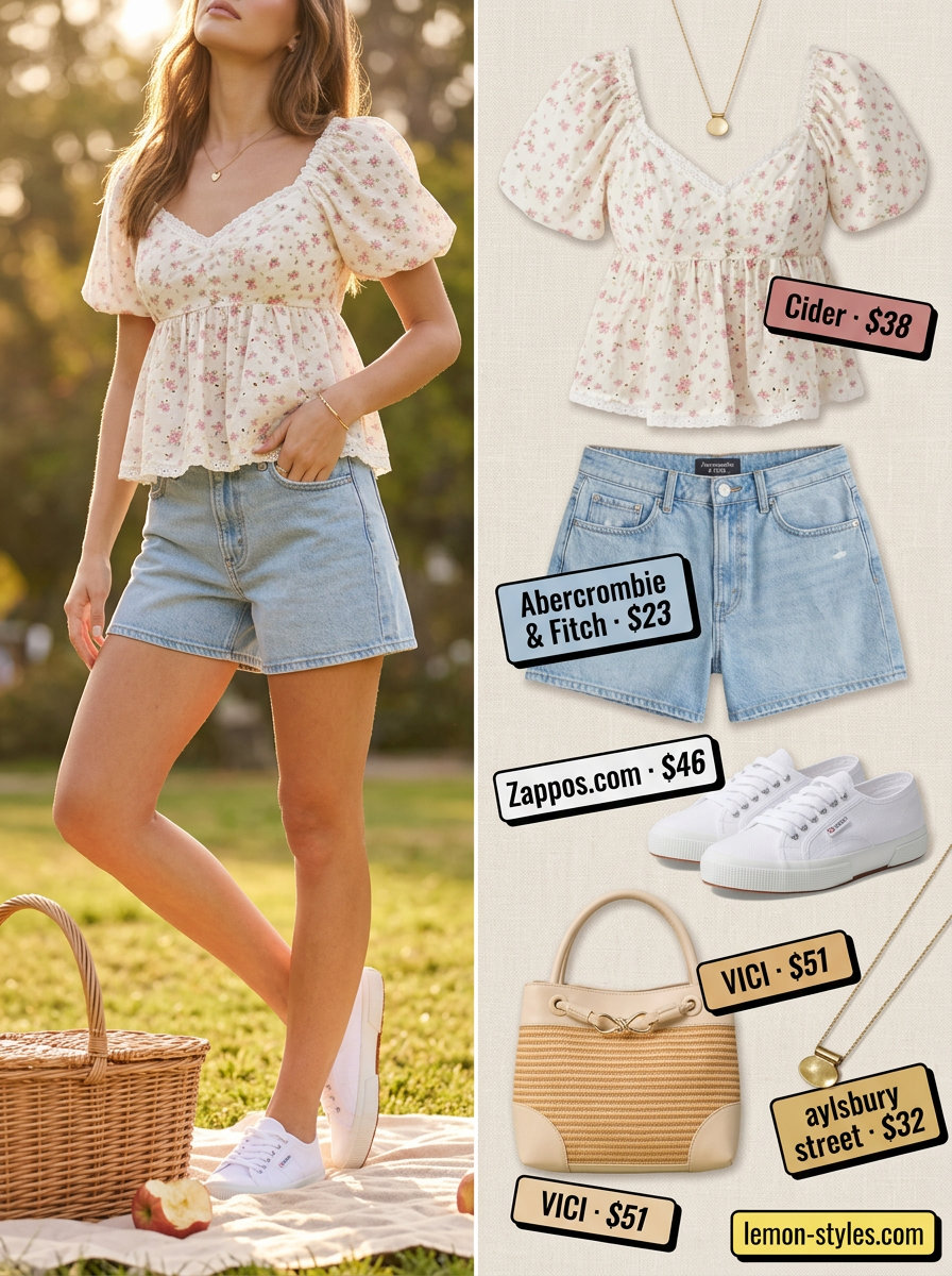 Picnic Perfect Outfits 2026 Light wash summer denim shorts for women 2026 with a floral puff sleeve crop top, straw bag, and white sneakers for a picnic.