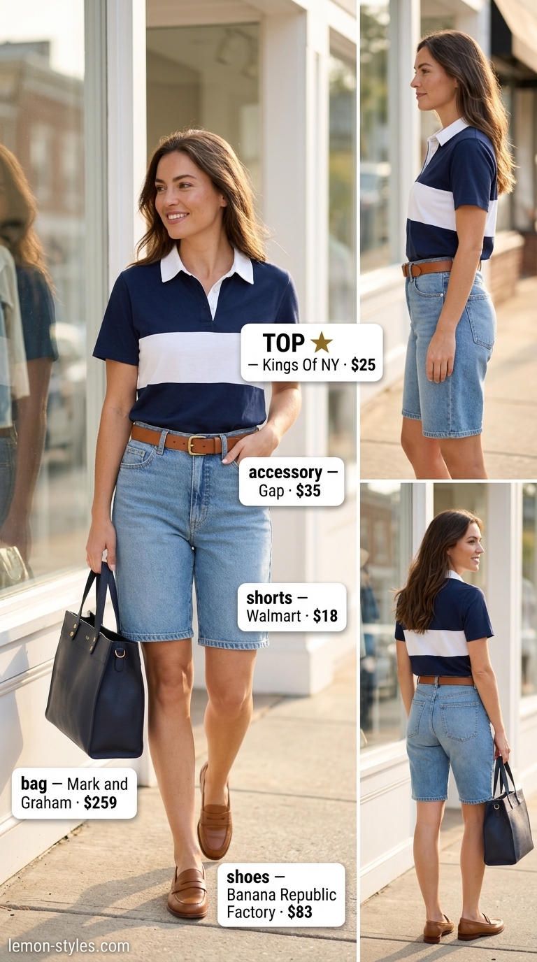 Preppy Summer Shorts Outfit 2026 Preppy light wash Bermuda shorts for women 2026 with a navy polo shirt, loafers, and leather belt for a polished look.