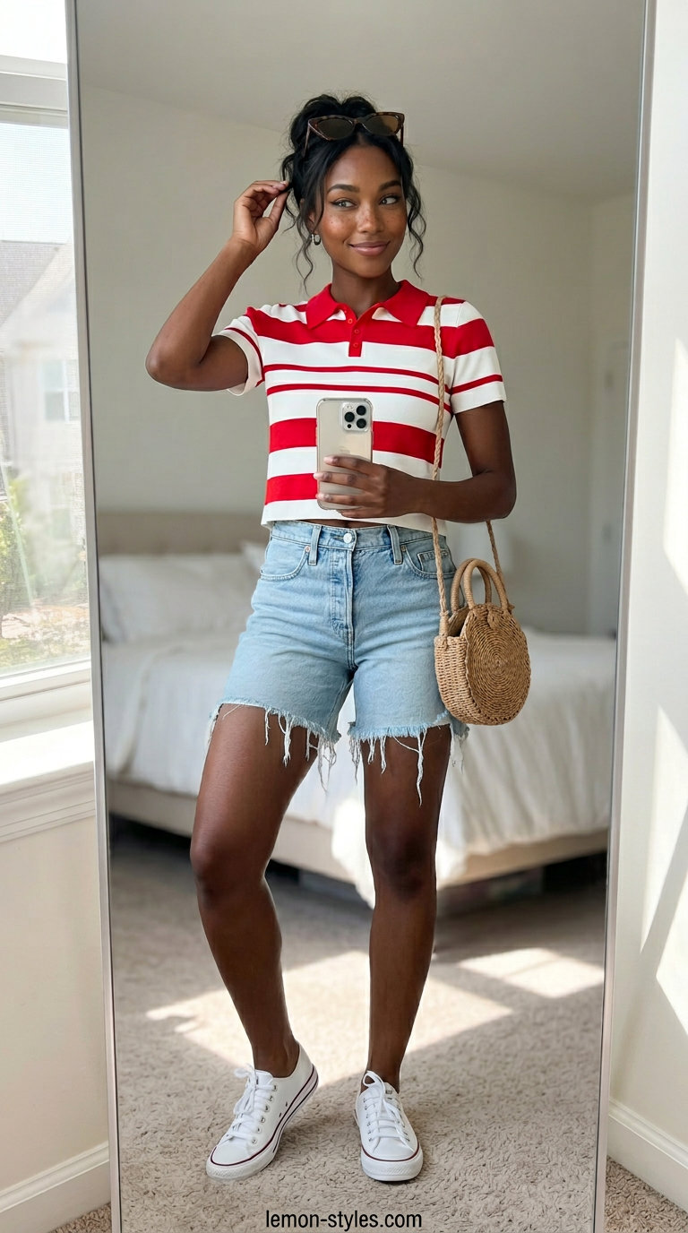 Retro Summer Fun: Denim Shorts 2026 Retro summer fun outfit with light wash denim shorts for women 2026, a striped knit top, and canvas sneakers.