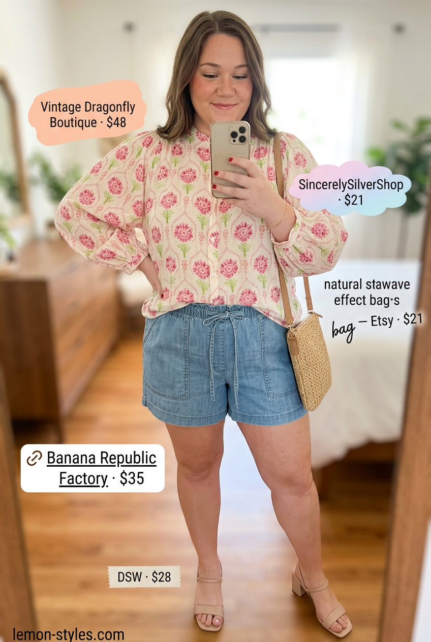 Effortless Summer Bloom Outfits 2026 Light wash summer denim shorts for women 2026 with a floral blouse, straw bag, and block heel sandals for effortless summer.