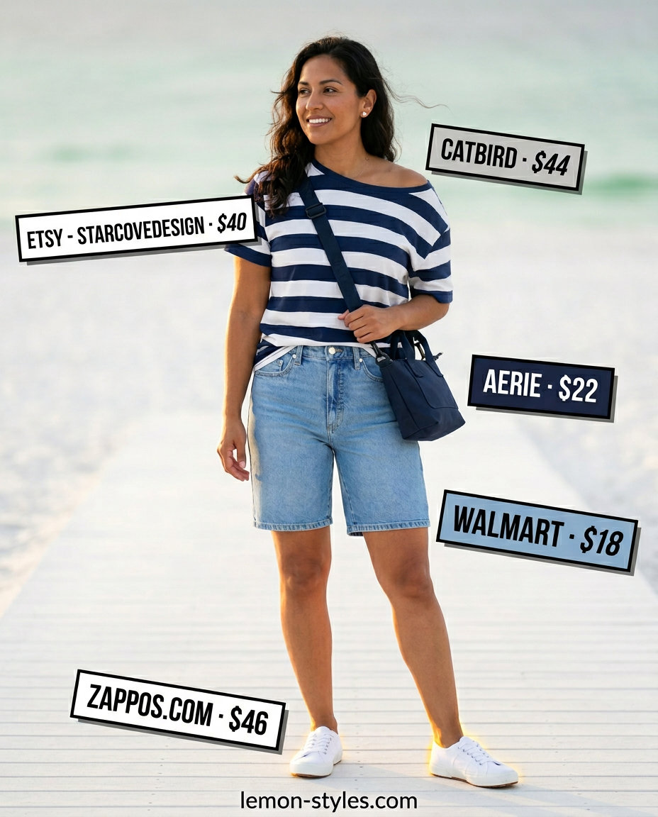 Sunset Cruise Outfits 2026 Light wash summer denim shorts for women 2026 in Bermuda style, with a navy striped tee and white sneakers for a sunset cruise.