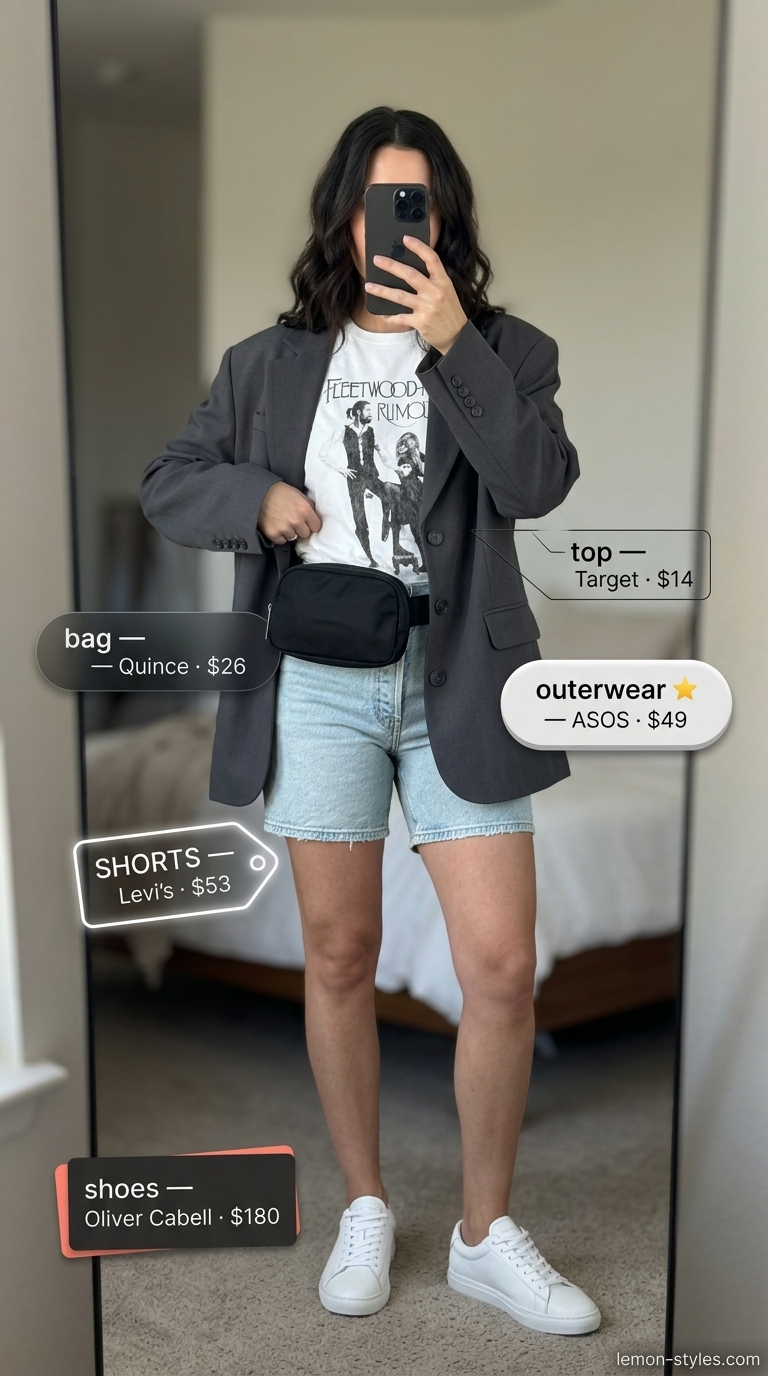 Urban Chic: Denim Shorts 2026 Urban explorer chic outfit with light wash summer denim shorts for women 2026, a graphic tee, oversized blazer, and sneakers.