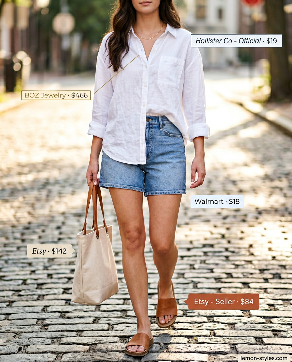 Weekend Getaway: Denim Shorts 2026 Casual weekend outfit with light wash summer denim shorts for women 2026, an oversized linen shirt, and leather slide sandals.