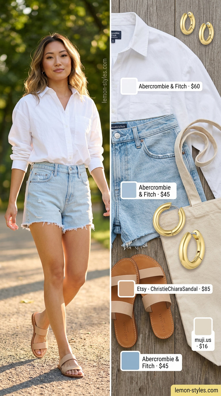 Weekend Explorer Shorts 2026 Relaxed light wash denim shorts for women 2026 with an oversized white shirt, hoop earrings, and leather sandals.