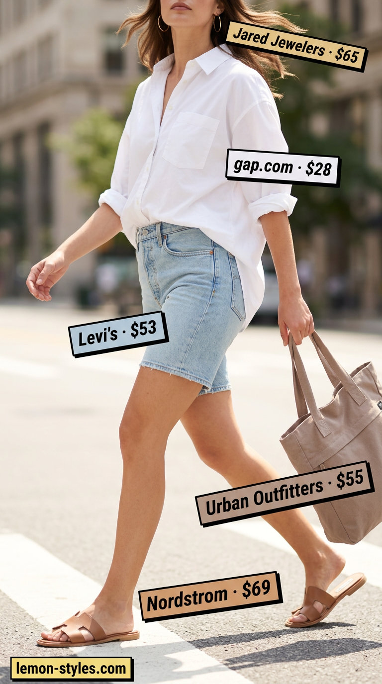 Weekend Getaway Outfits 2026 Light wash summer denim shorts for women 2026 with an oversized white shirt, tan sandals, and canvas tote for weekend getaway.