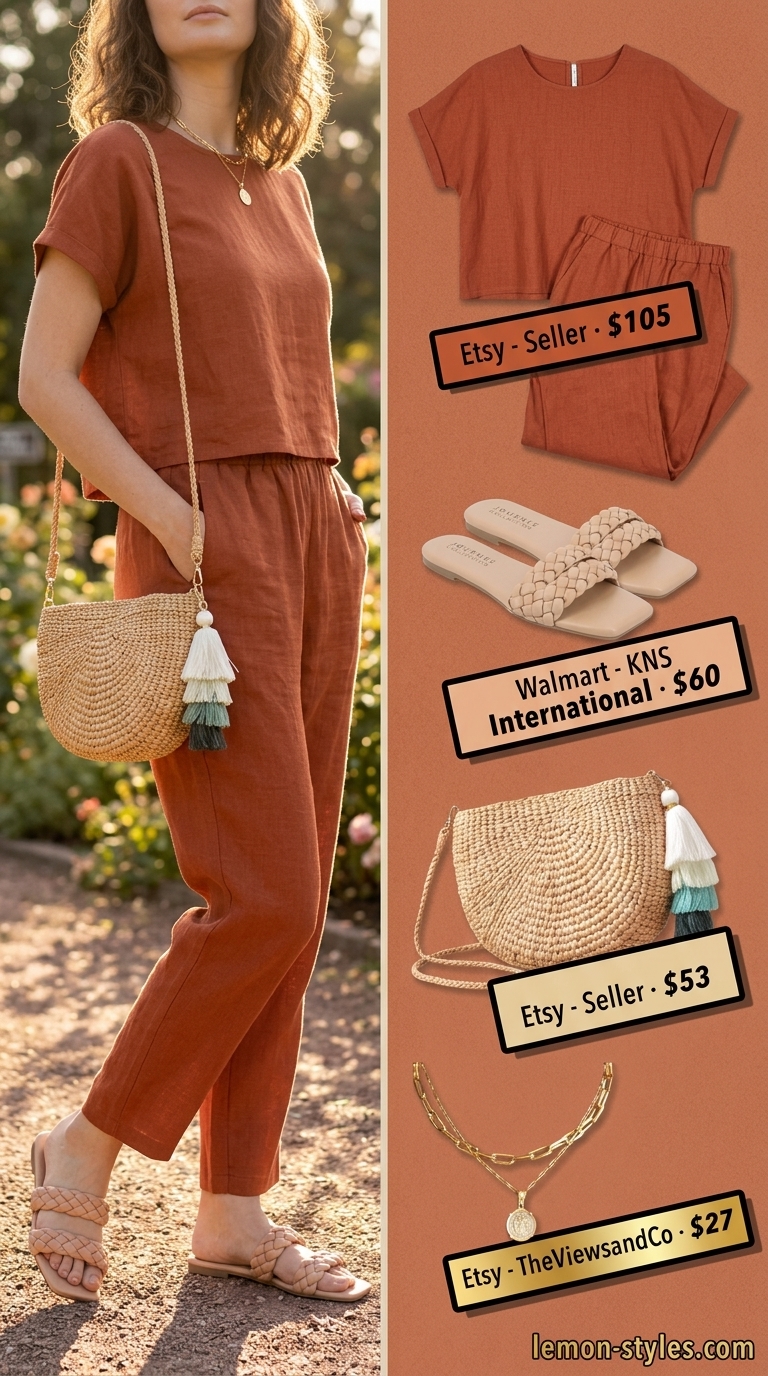 Lightweight summer clothes for women 2026: Terracotta floral crop top, wide-leg linen pants, straw bag, and braided sandals for a garden brunch.