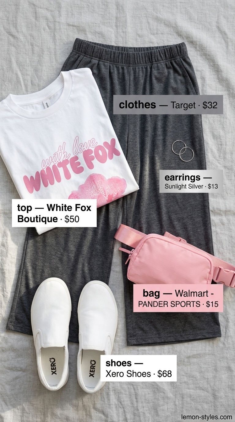 Lightweight summer clothes for women 2026: Charcoal grey culottes, graphic tee, white sneakers, silver hoops, and pink belt bag.