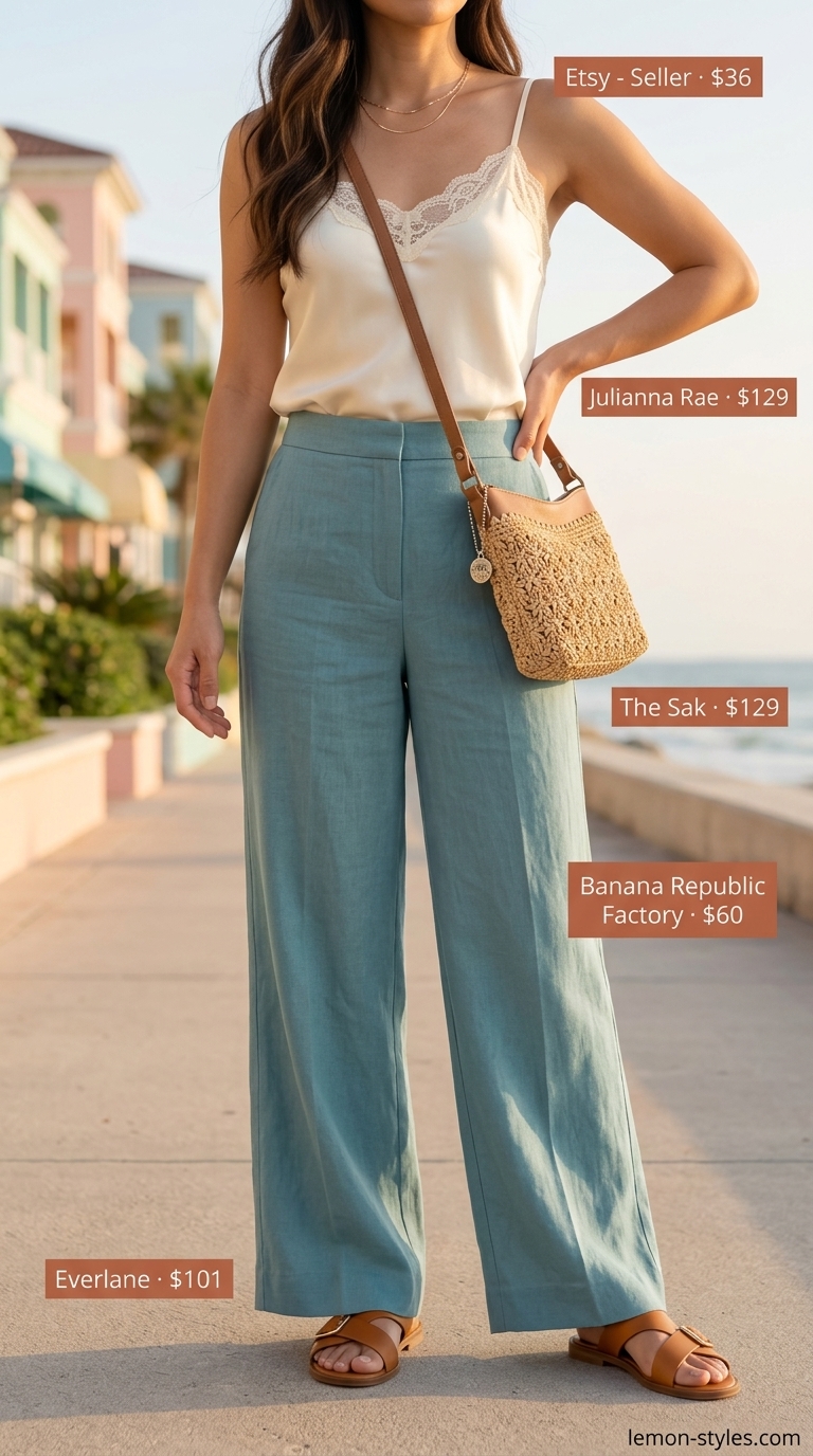Lightweight summer clothes for women 2026: Sky blue linen pants, cream camisole, and straw crossbody bag for resort lunch.