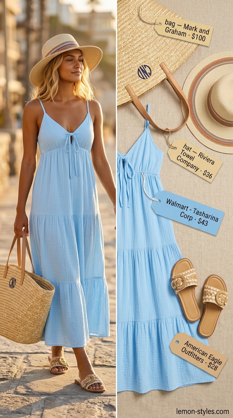 Lightweight summer clothes for women 2026: Sky blue maxi dress, straw hat, tote bag, and slide sandals for beach vacation.