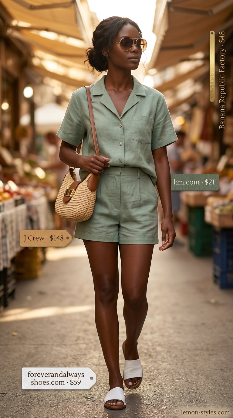 Lightweight summer clothes for women 2026: Olive green linen co-ord set, white sandals, and straw bag for vacation exploration.