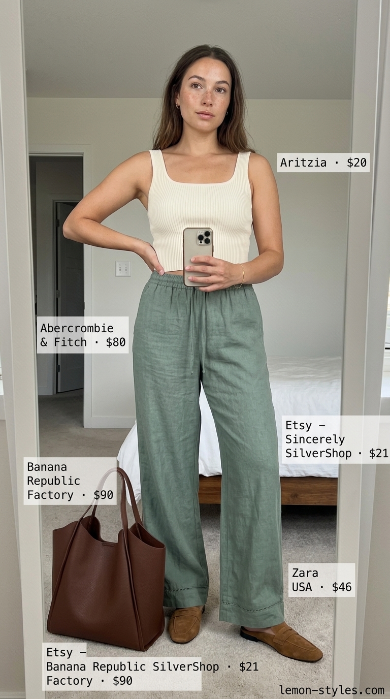 Lightweight summer clothes for women 2026: Khaki cropped trousers, cream knit top, gold bracelet, and tan loafers for elevated comfort.