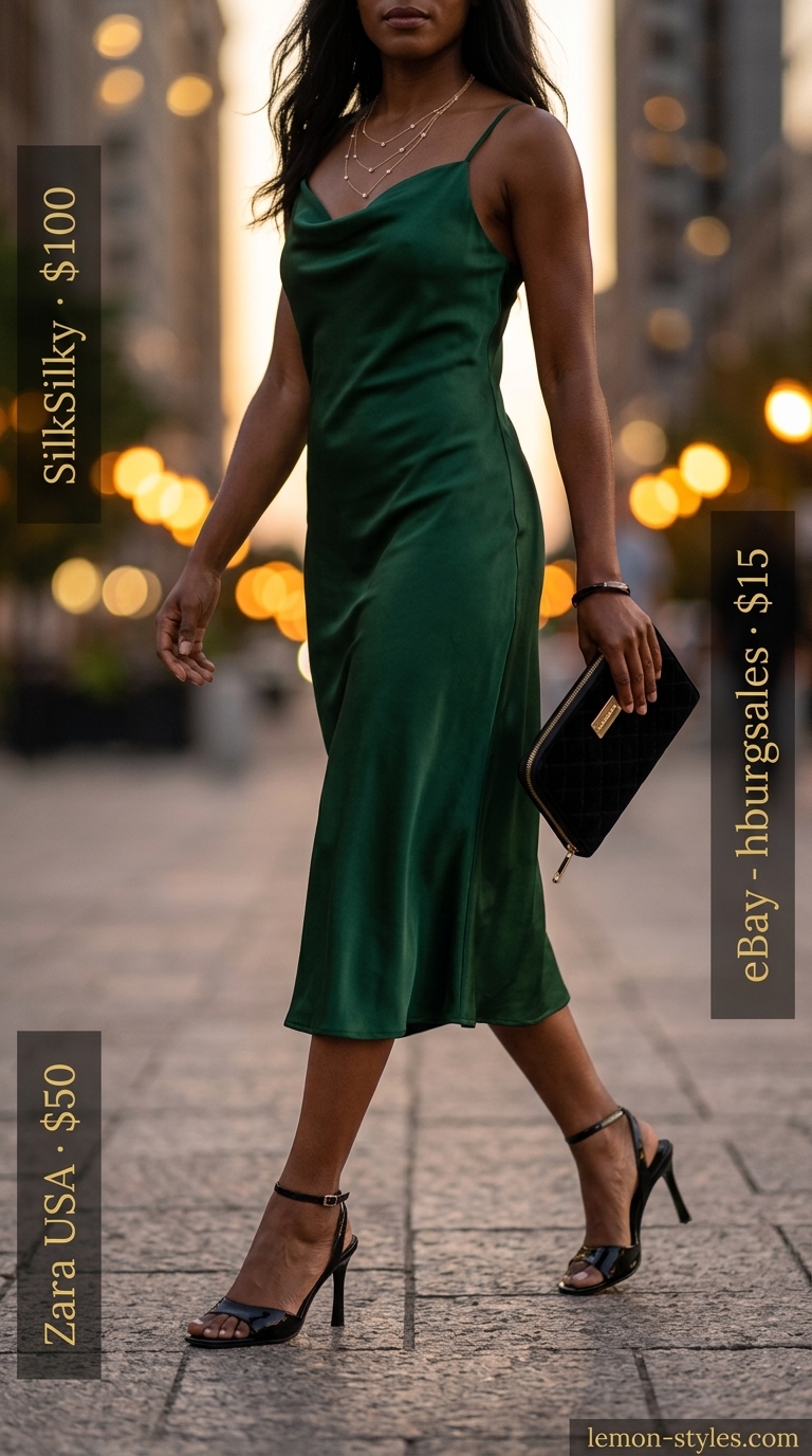 Lightweight summer clothes for women 2026: Emerald green satin midi slip dress, gold necklaces, black strappy heels, and velvet clutch.