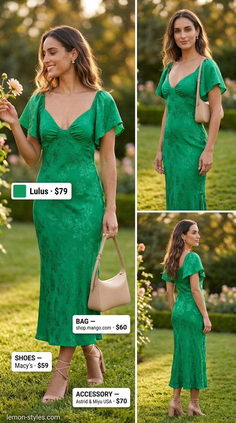 Lightweight summer clothes for women 2026: Emerald green wrap dress, nude block heels, nude top-handle bag, and silver stud earrings.