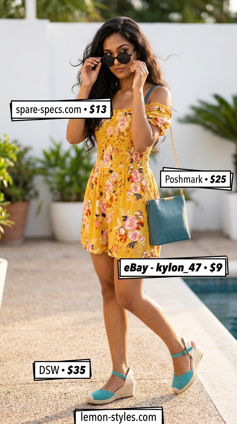 Lightweight summer clothes for women 2026: Floral print romper, turquoise platform wedges, round sunglasses, and mini shoulder bag.
