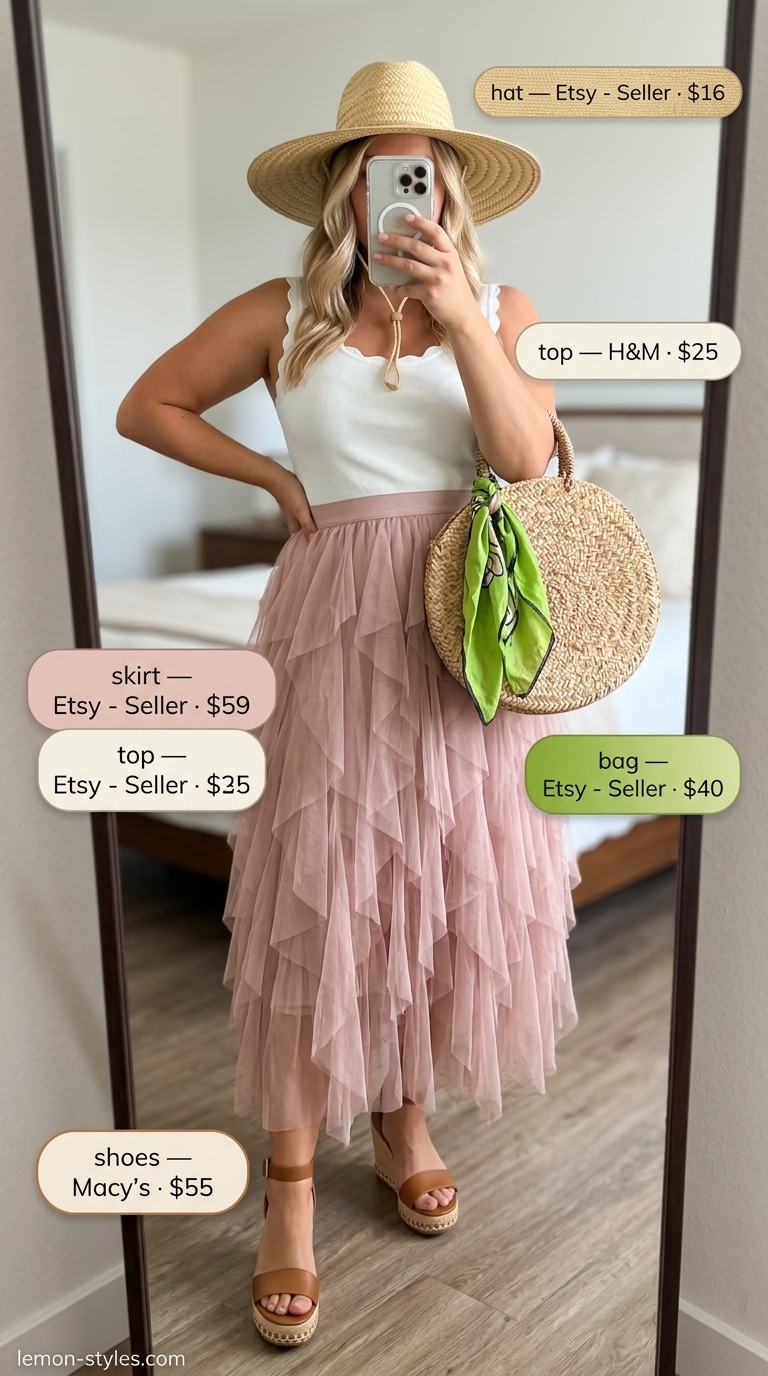 Lightweight summer clothes for women 2026: Blush pink tiered skirt, ivory knit top, straw hat, straw tote, and espadrille wedges.