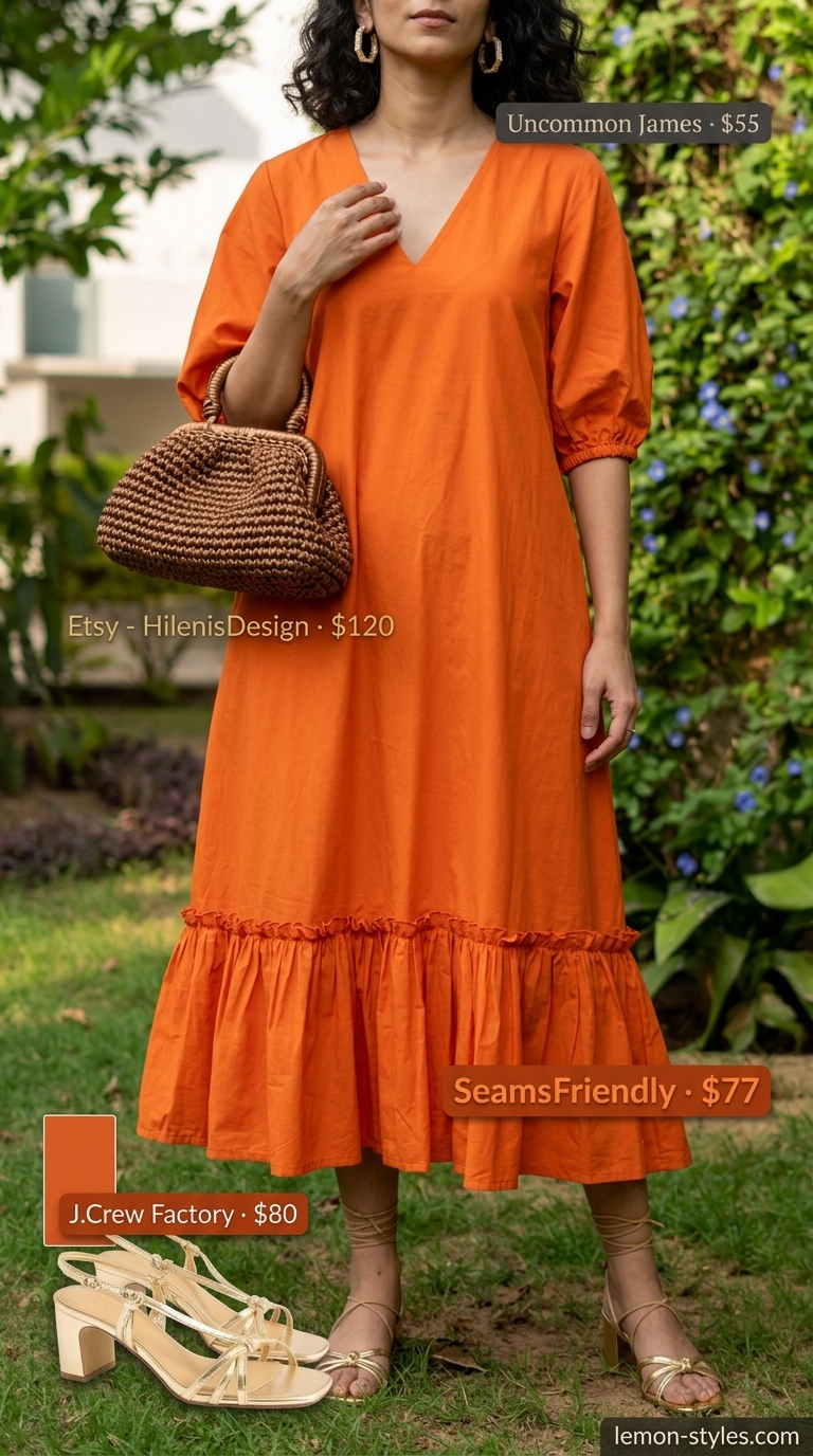 Lightweight summer clothes for women 2026: Sunset orange maxi dress, gold hoops, metallic clutch, and gold sandals for golden hour.