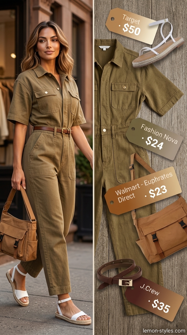 Lightweight summer clothes for women 2026: Khaki utility jumpsuit, cream espadrilles, leather belt, and canvas crossbody bag.