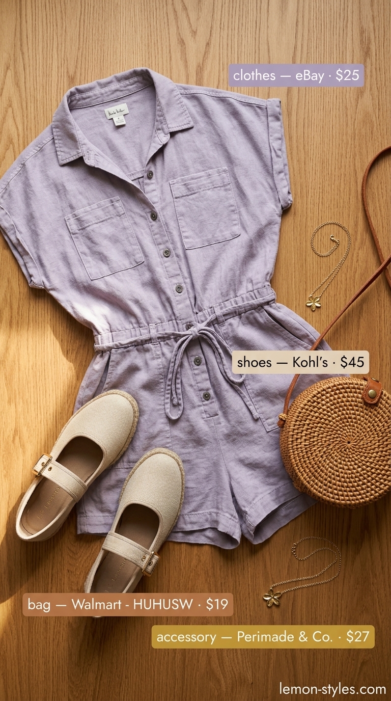 Lightweight summer clothes for women 2026: Lavender linen romper, cream espadrilles, gold necklace, and straw crossbody bag.