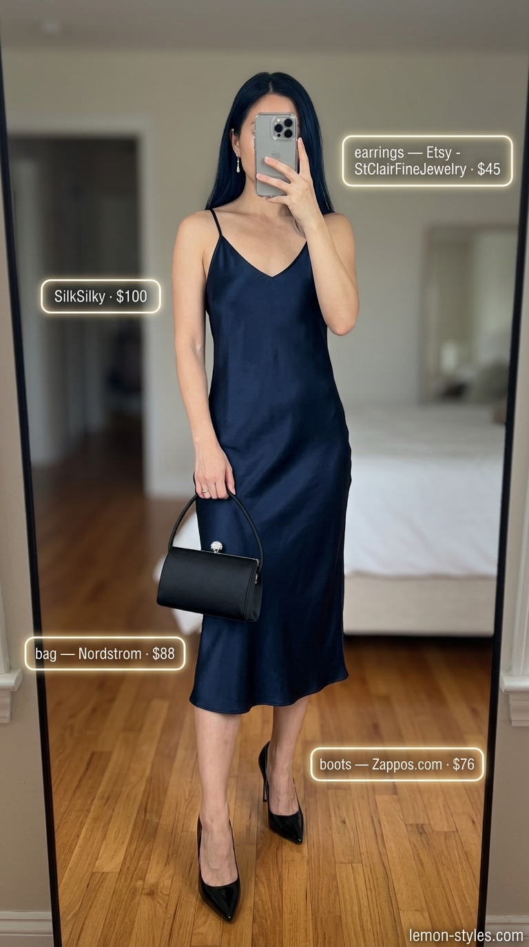 Lightweight summer clothes for women 2026: Deep navy slip dress, black heels, and silver earrings for date night.