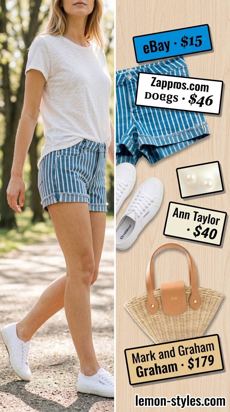 Lightweight summer clothes for women 2026: Pastel stripe shirt, white denim shorts, pearl earrings, and wicker bag for a picnic.